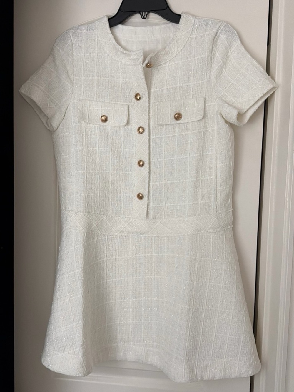 Women’s White Tweed Short Sleeve Dress with Gold Buttons